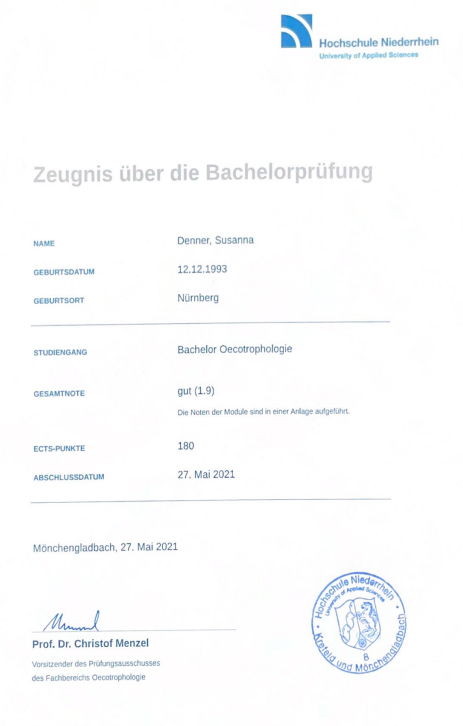 Bachelor Zeugnis Oecotrophologie